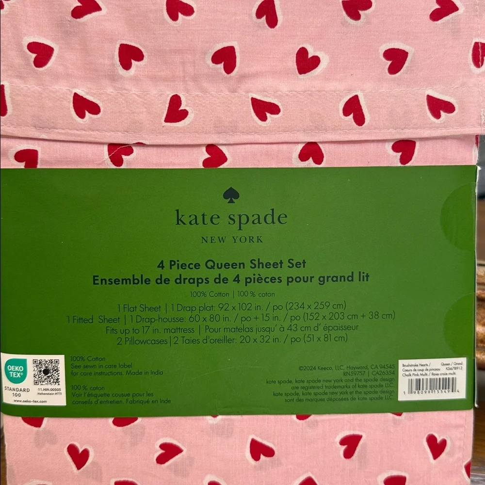 Kate Spade Pink and Red Heart Queen Sheet Set. Pink background. 100% cotton.